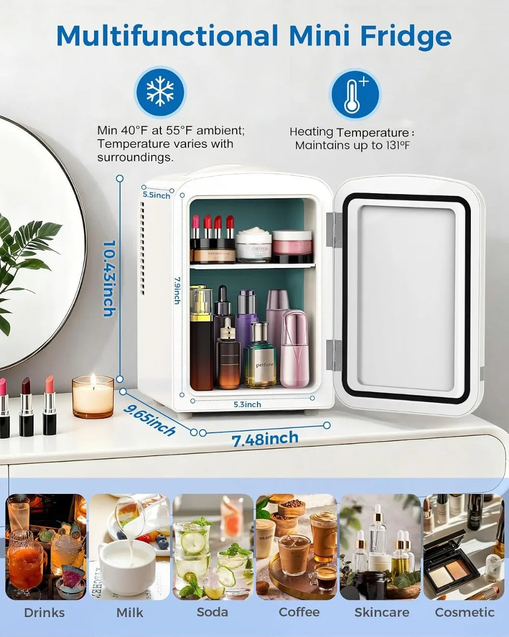 Mini Fridge for Bedroom, 4L/6 Cans Cosmetic Fridge for Skincare, Makeup, Medicine & Beverage, Portable Desk Cooler and Warmer, White
